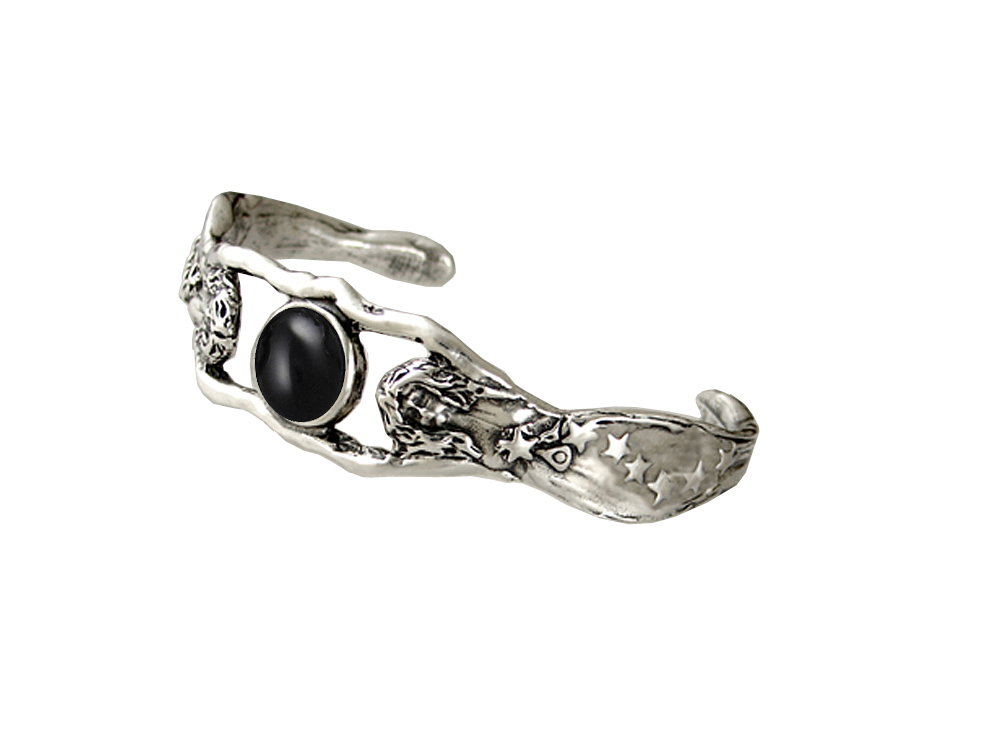 Sterling Silver Fairy Woman Maidens Handmade Cuff Bracelet With Black Onyx